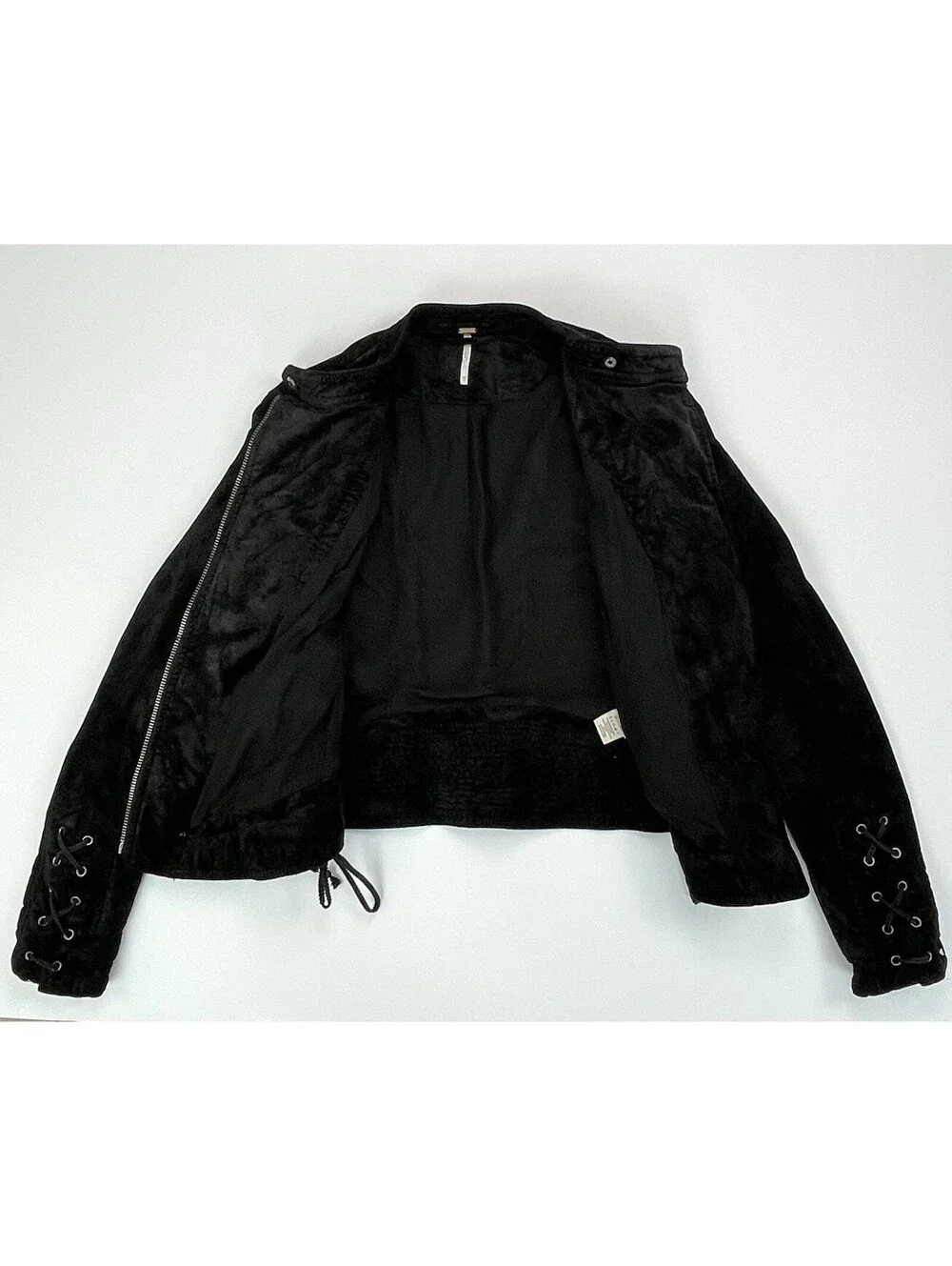 FREE PEOPLE Black Lacey Velvet Moto Jacket Lace Up Sleeve Corset Biker XS
